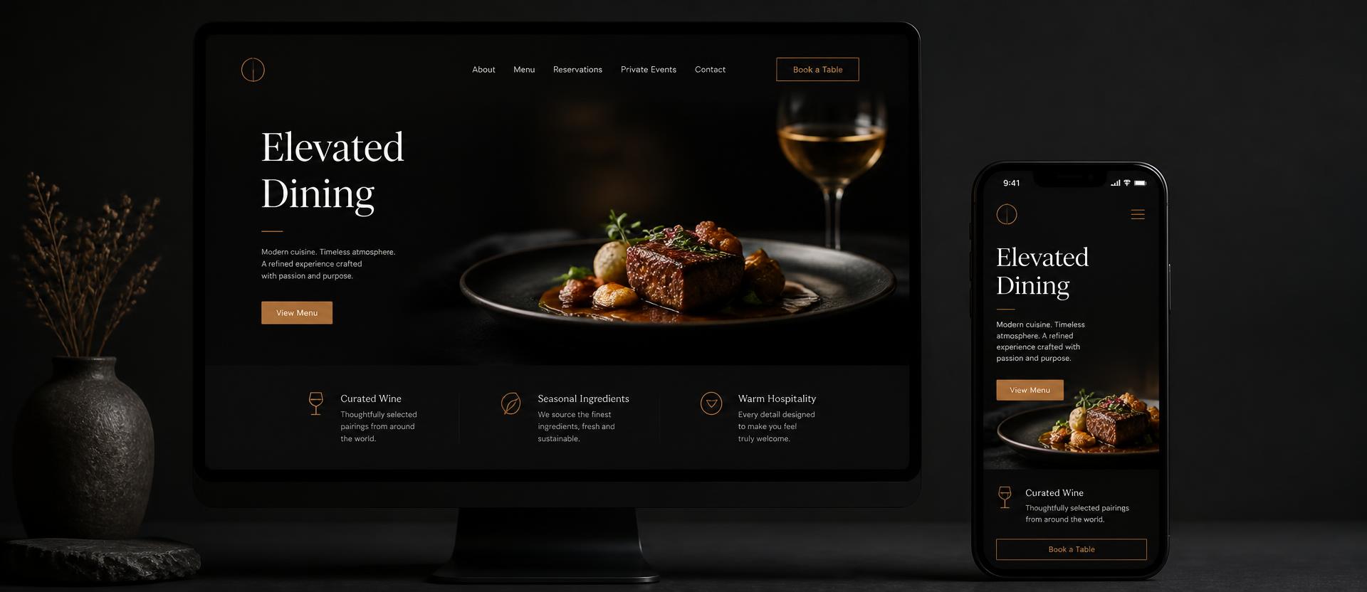 A local restaurant website shown on a desktop screen and a mobile phone